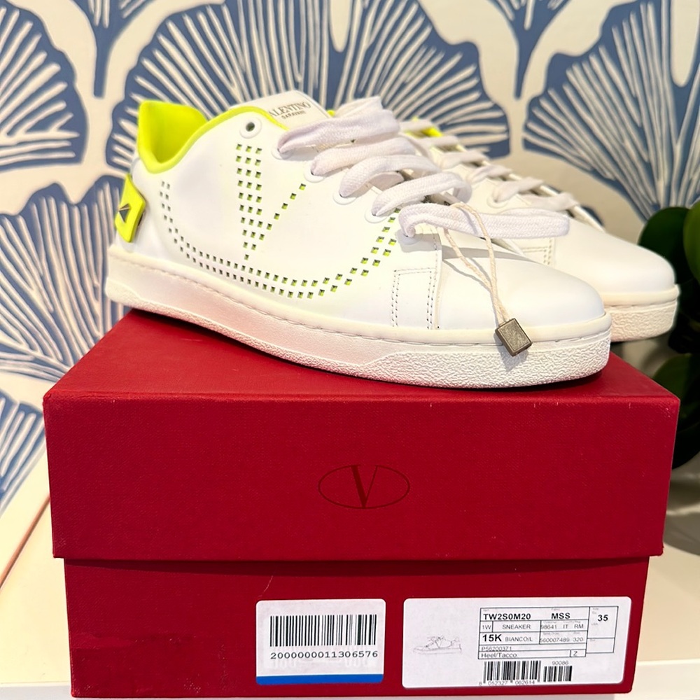 NWT Valentino Garavani White & Neon Yellow Sneakers, Size 35/5